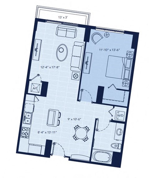 Floor plan for 1 bed, 1 bath, 818 sqft